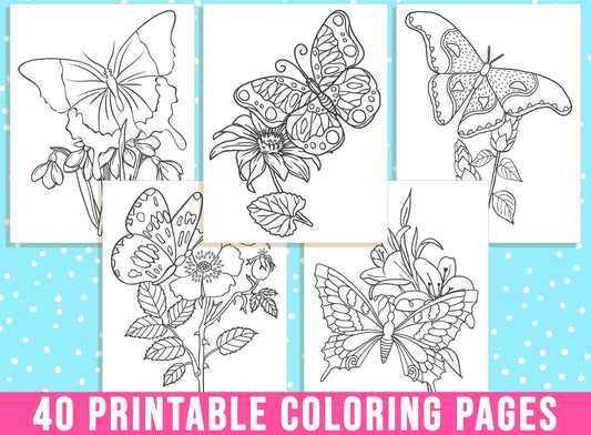 Butterfly Coloring Pages, 40 Printable Butterfly and Flower Coloring Sheets for Kid & Adults, Coloring Book/Party Activity, Instant Download