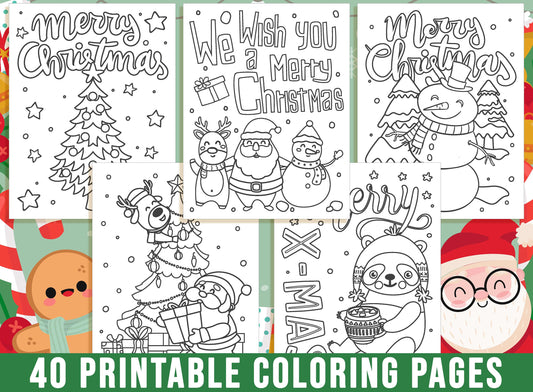 Christmas Coloring Book, 40 Printable Christmas Coloring Pages for Kids. Merry Christmas, Christmas Tree Santa Claus Snowman, Party Activity