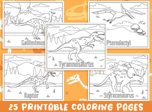 Dinosaur Coloring Pages for Kids, 25 Printable Dinosaur Coloring Pages with Names for Kids, Free 25 Pages (4"x5"), PDF, Instant Download