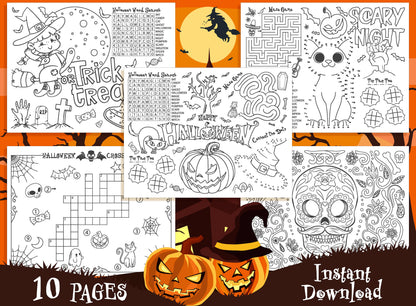 Halloween Placemats, 10 Halloween Printable Placemats for Kids, Boys, Girls, Teens, Halloween Party Activity Ideas, Kids Coloring Pages, PDF