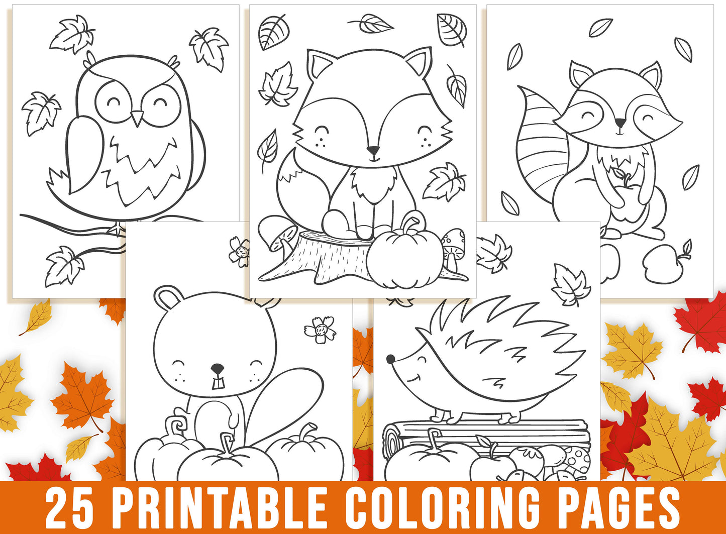 Fall Coloring Pages, Autumn Coloring Book for Kids, Fall Leaf, Fall Flower, Pumpkin, Fox, Oak, Owl, Squirrels, Deer, Bear, Thanksgiving, PDF