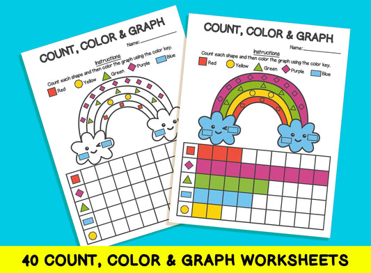 40 Count, Color & Graph Worksheets, Count and Graph Shapes Worksheets, Math Workbook, Printable Worksheets/Math for Kids, Morning Worksheets