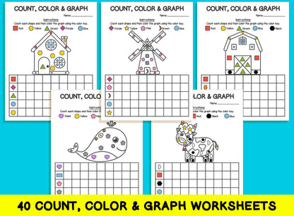 40 Count, Color & Graph Worksheets, Count and Graph Shapes Worksheets, Math Workbook, Printable Worksheets/Math for Kids, Morning Worksheets