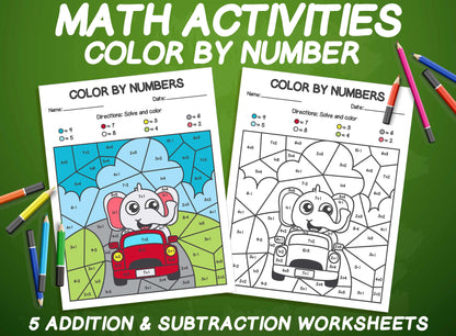 Color By Number for Kids, 5 Printable Color By Number Pages, Printable Math Activities, Animal Color by Number, Addition & Subtraction 1-10
