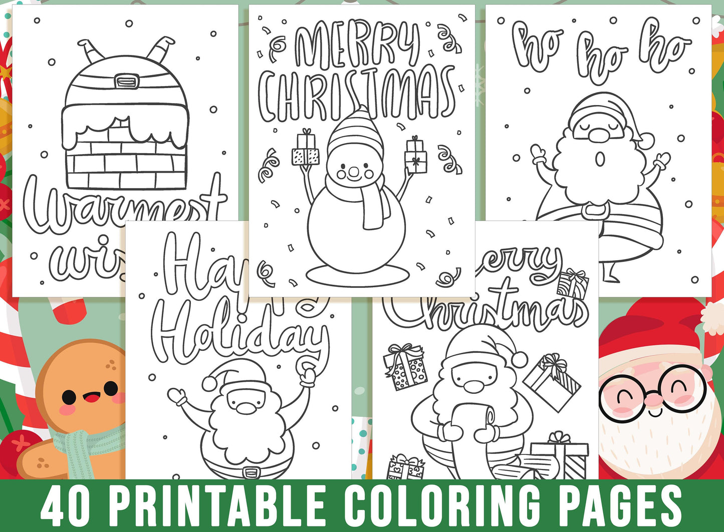 Christmas Coloring Book, 40 Printable Christmas Coloring Pages for Kids. Merry Christmas, Christmas Tree Santa Claus Snowman, Party Activity