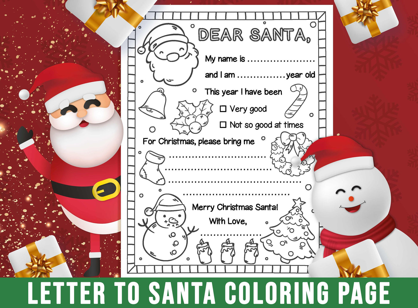 Letter to Santa Coloring Page, Printable Letter To Santa for Kids, Printable Dear Santa Letter, Christmas Wish List, Christmas Kids Activity