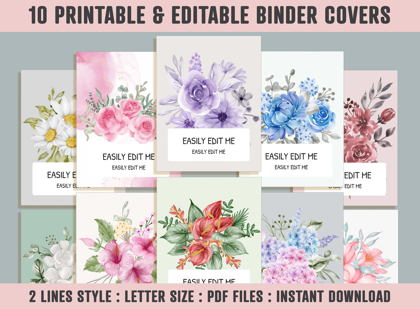 Floral Binder Cover, 10 Covers+Spines, Binder Cover Printable, Editable, Teacher, Kids, School Binder, Planner Cover, Binder Insert, Flower