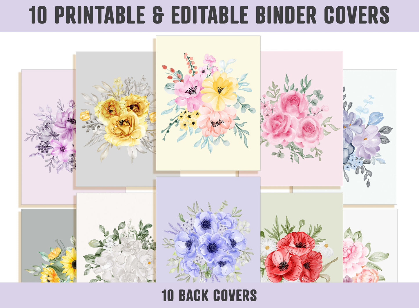 Flower Binder Cover, 10 Printable & Editable Binder Covers+Spines Binder Insert Planner Cover Teacher/School, Floral Printable Binder Cover