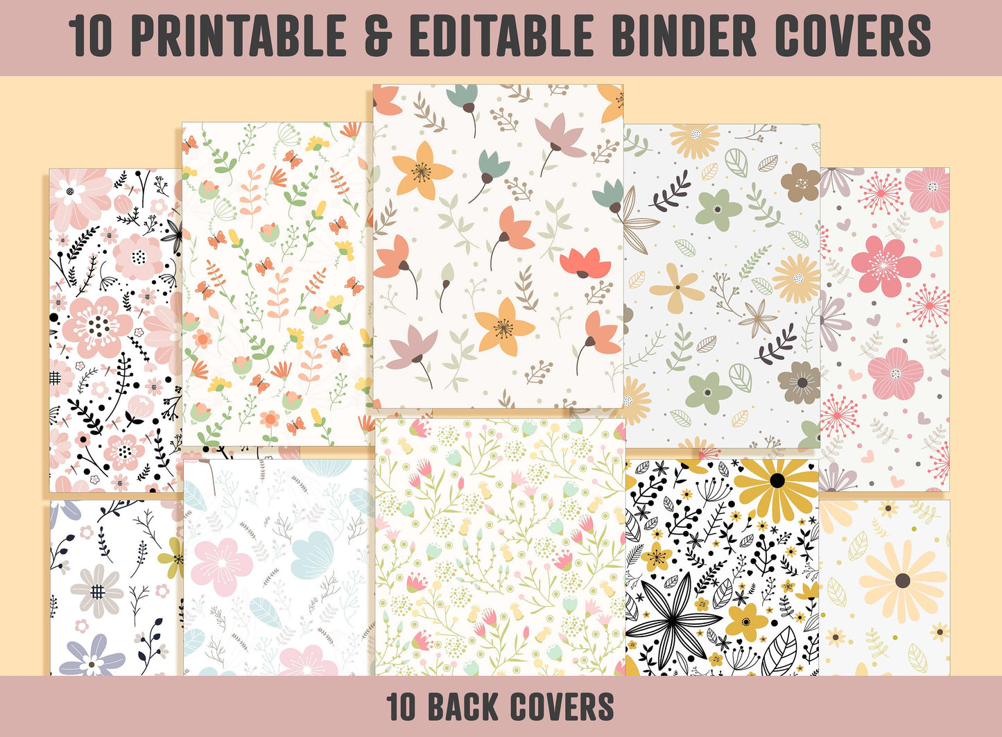 Binder Cover Sheet, 10 Printable & Editable Binder Covers+Spines, Floral Binder Cover, Binder Cover Inserts Planner Template Teacher/School