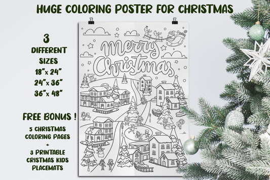 Christmas Poster, Huge Christmas Printable Kids Coloring Poster, Giant Christmas Coloring Pages, Winter Poster, 5 Coloring Pages+3 Placemats