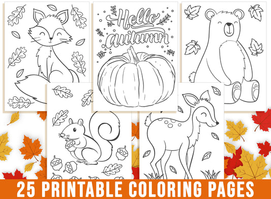 Fall Coloring Pages, Autumn Coloring Book for Kids, Fall Leaf, Fall Flower, Pumpkin, Fox, Oak, Owl, Squirrels, Deer, Bear, Thanksgiving, PDF