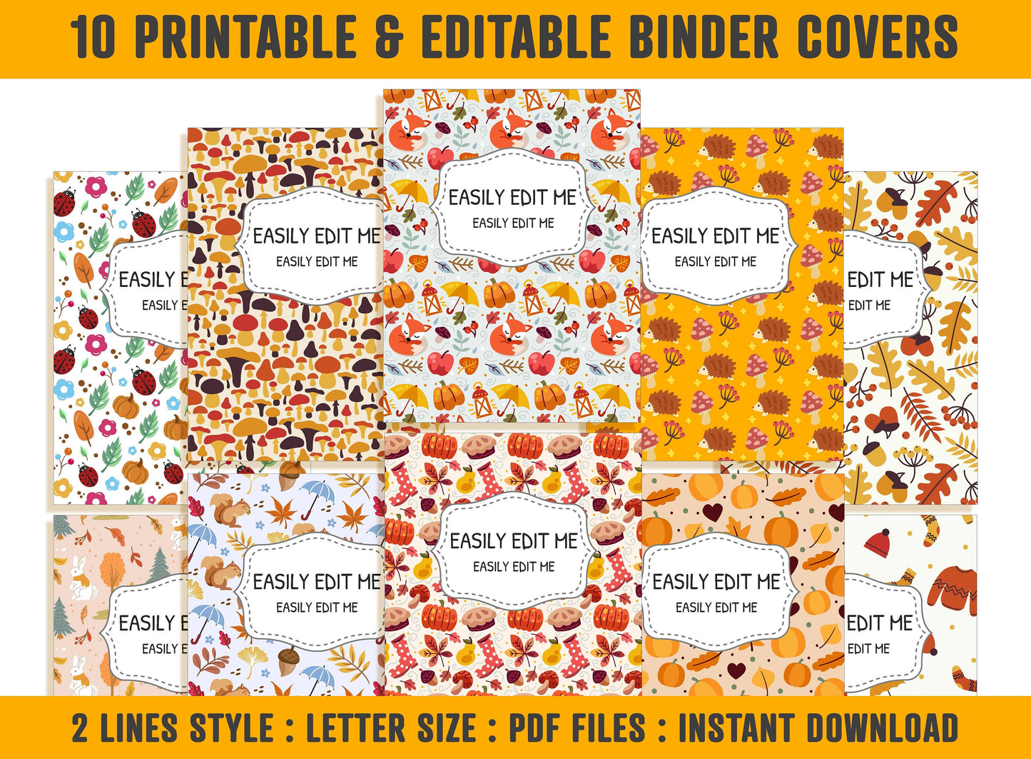 Fall Planner Covers, 10 Editable Binder Covers and Spines, Binder Cover Printable, Teacher/School Binder, Planner Cover Autumn Binder Insert