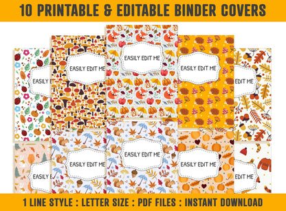 Fall Planner Covers, 10 Editable Binder Covers and Spines, Binder Cover Printable, Teacher/School Binder, Planner Cover Autumn Binder Insert