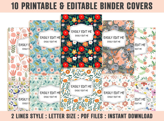 Floral Binder Cover Template, 10 Printable & Editable Binder Covers+Spines, Flower Binder Cover Binder Inserts Planner Cover Floral Folders