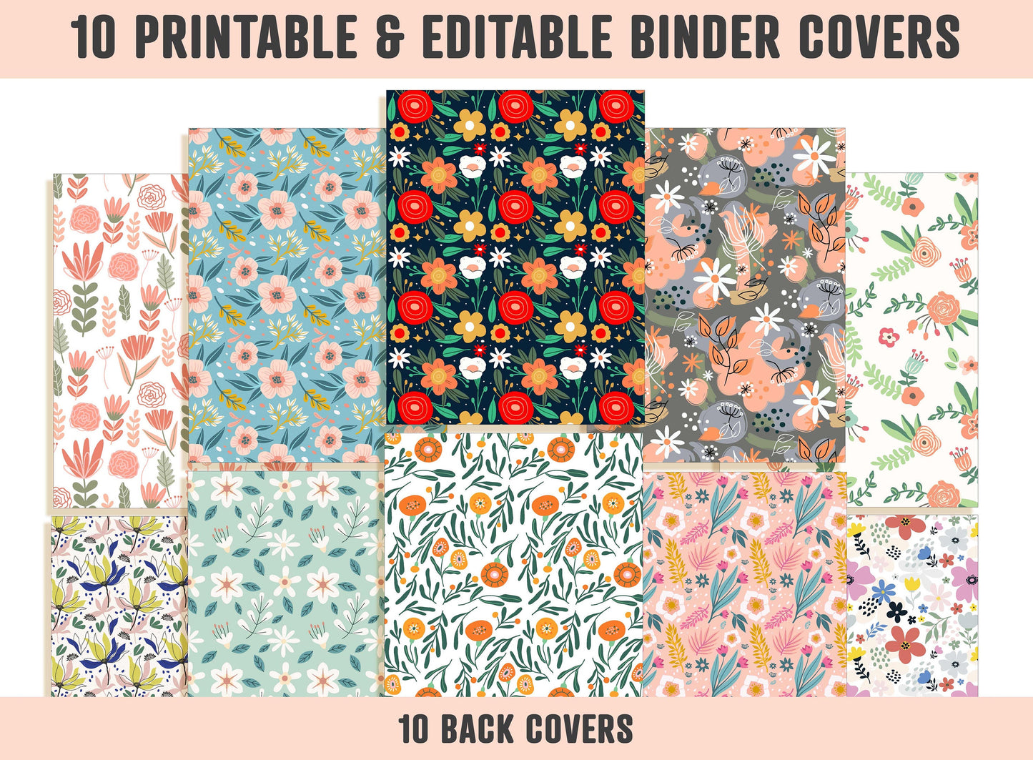 Floral Binder Cover Template, 10 Printable & Editable Binder Covers+Spines, Flower Binder Cover Binder Inserts Planner Cover Floral Folders