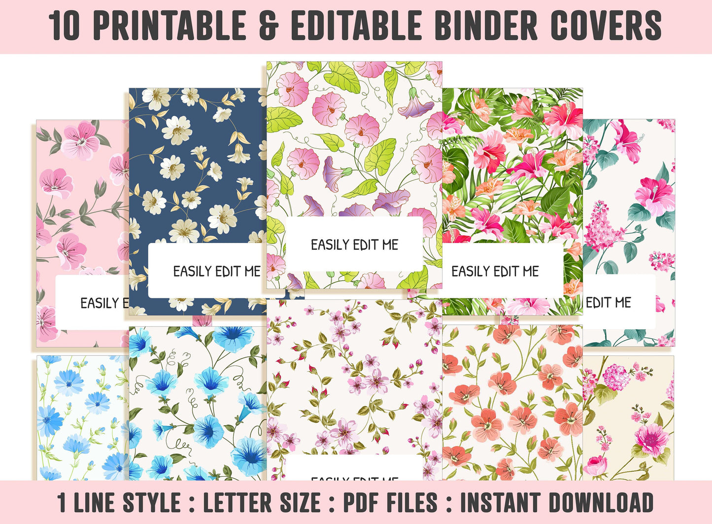 Planner Cover, 10 Printable & Editable Binder Covers+Spines, Teacher/School Binder Cover, Binder Inserts, Binder Template, Flower, Floral