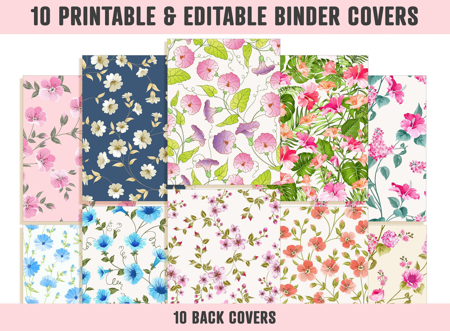 Planner Cover, 10 Printable & Editable Binder Covers+Spines, Teacher/School Binder Cover, Binder Inserts, Binder Template, Flower, Floral