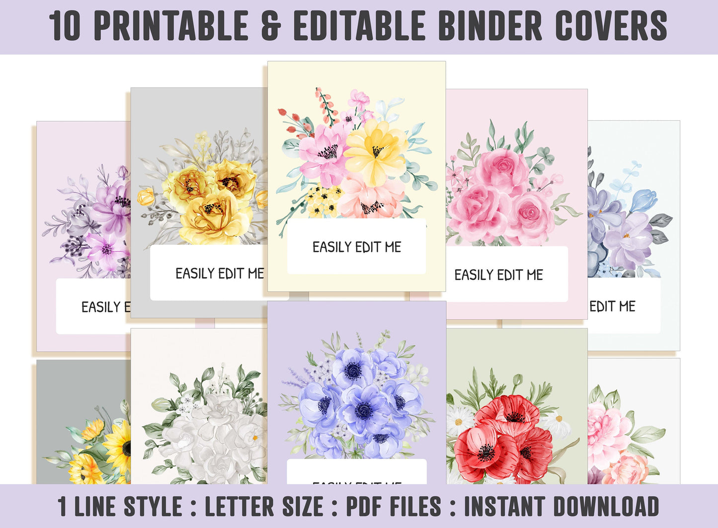 Flower Binder Cover, 10 Printable & Editable Binder Covers+Spines Binder Insert Planner Cover Teacher/School, Floral Printable Binder Cover