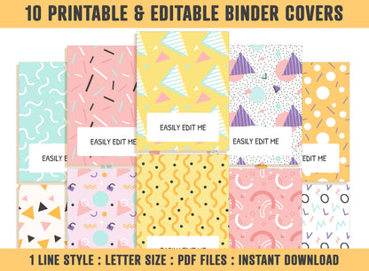 Binder Cover Template, 10 Printable & Editable Binder Covers+Spines, Binder Insert, Planner Cover Teacher/School, Printable Binder Cover