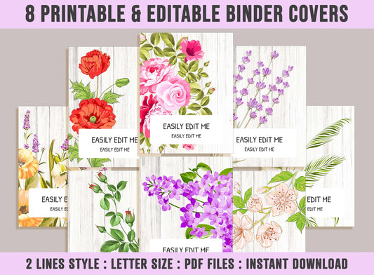 Editable Binder Covers, 8 Printable & Editable Binder Covers+Spines, Binder Inserts, Planner Cover, Floral Binder Cover, Folder Covers