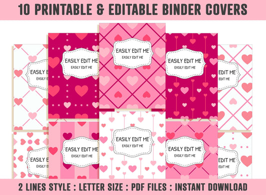 Binder Cover Pink, 10 Printable & Editable Binder Covers+Spines, Binder Insert, Planner/Notebook Cover, Teacher/School, Love/Heart/Valentine