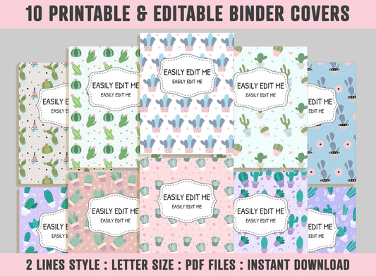 Binder Cover Printable Editable, 10 Binder Covers+Spines, Binder Inserts Planner Cover, Teacher/School Binder Cover, Cactus Succulent Binder