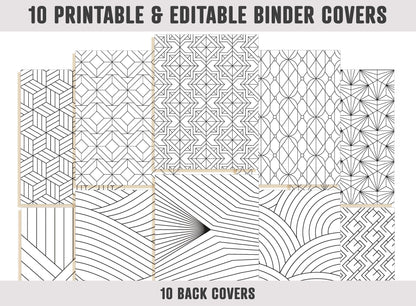 Binder Cover Black and White, 10 Covers+Spines, Binder Cover Printable, Editable, Teacher/School Binder Planner Cover Binder Insert Template