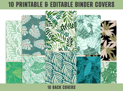 Tropical Leaves Binder Cover, 10 Printable & Editable Covers+Spines, Floral Binder Insert, Planner Cover, Teacher/School Binder Cover, PDF