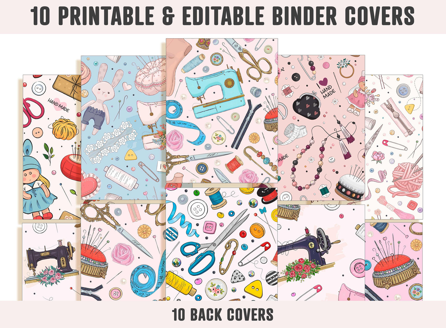 Binder Cover Sewing Pattern, 10 Printable/Editable Covers+Spines, Binder Insert, Planner Cover, Teacher Binder, School Binder Cover, PDF