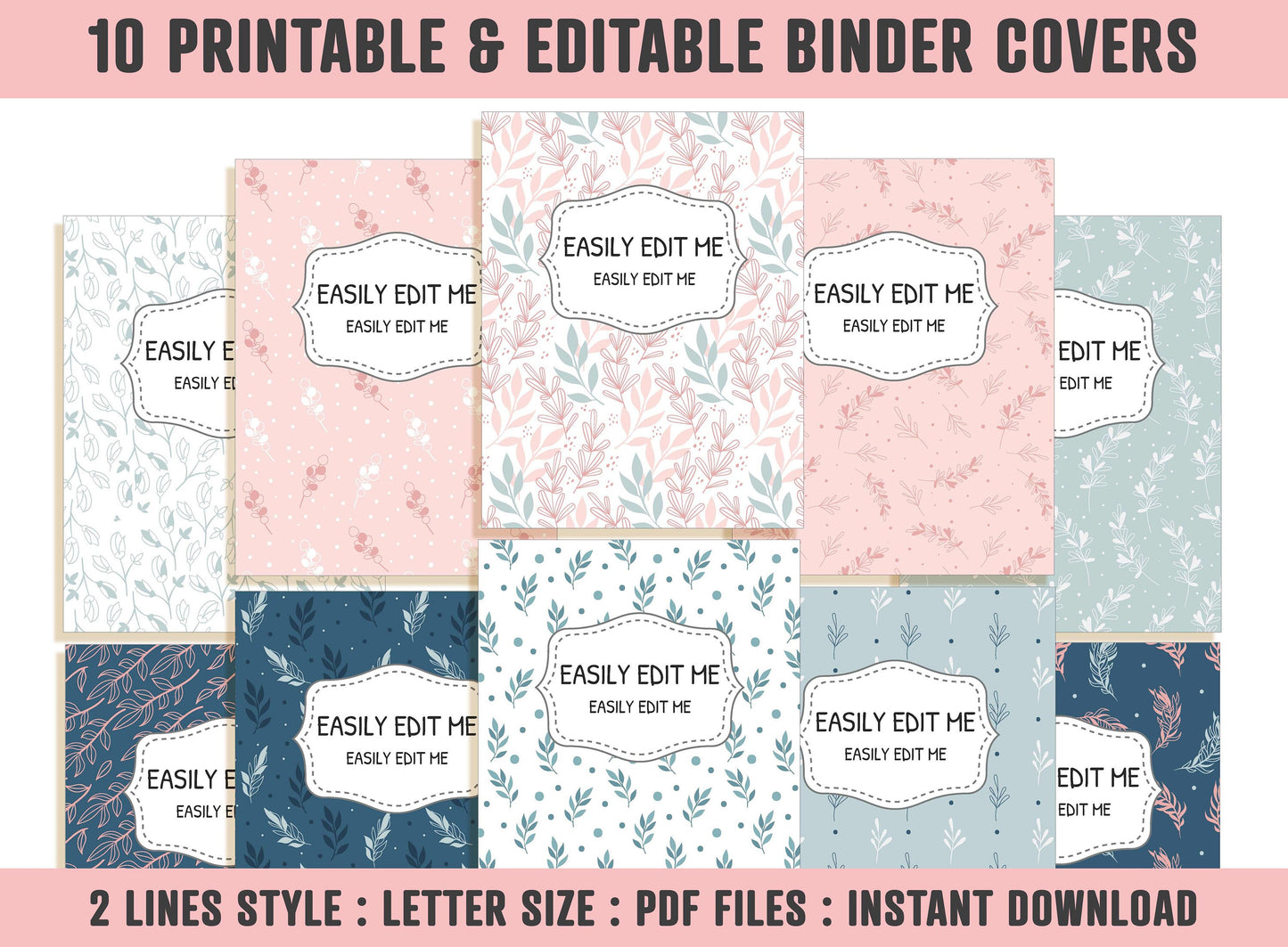 Binder Cover Set, 10 Editable Covers+Spines, Printable, Binder Cover Printable, Teacher/School Binder, Planner Cover, Binder Cover Inserts