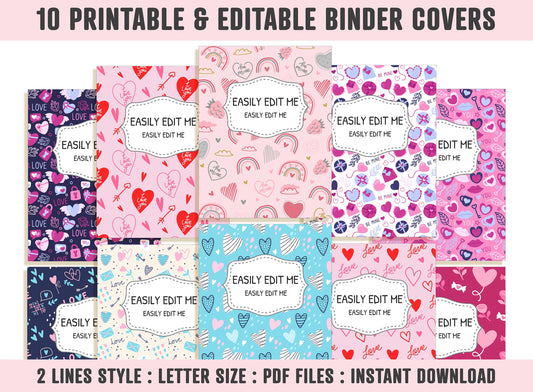 Binder Cover Printable Editable, 10 Covers+Spines, Binder Insert, Planner Cover, Teacher/School Binder Cover, Pink, Love, Heart, Valentine