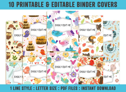 Binder Cover Printable Editable, 10 Covers+Spines, Binder Insert, Planner Cover, Teacher/School Binder Cover, Printable Binder Cover, Birds