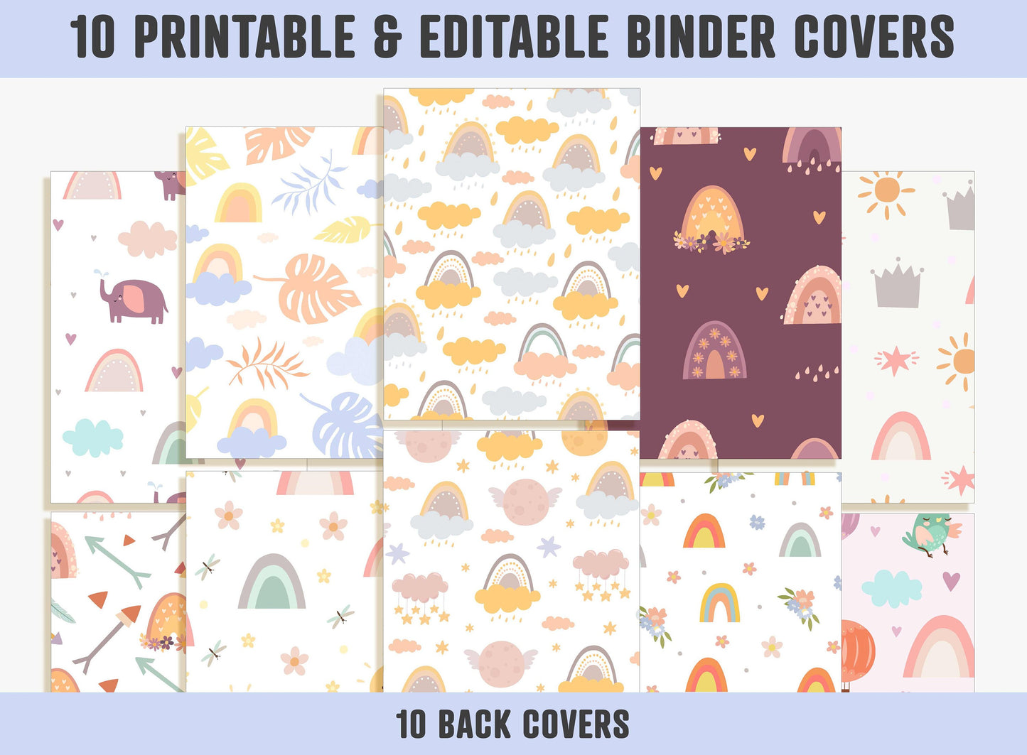 Rainbow Binder Cover Printable Editable, 10 Covers+Spines, Binder Insert, Planner Cover, Teacher/School Binder Cover, Printable Binder Cover