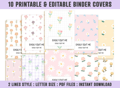 Flower Binder Cover, 10 Covers+Spines, Binder Cover Printable, Editable, Teacher/School Binder Cover, Planner Cover, Binder Inserts, Floral