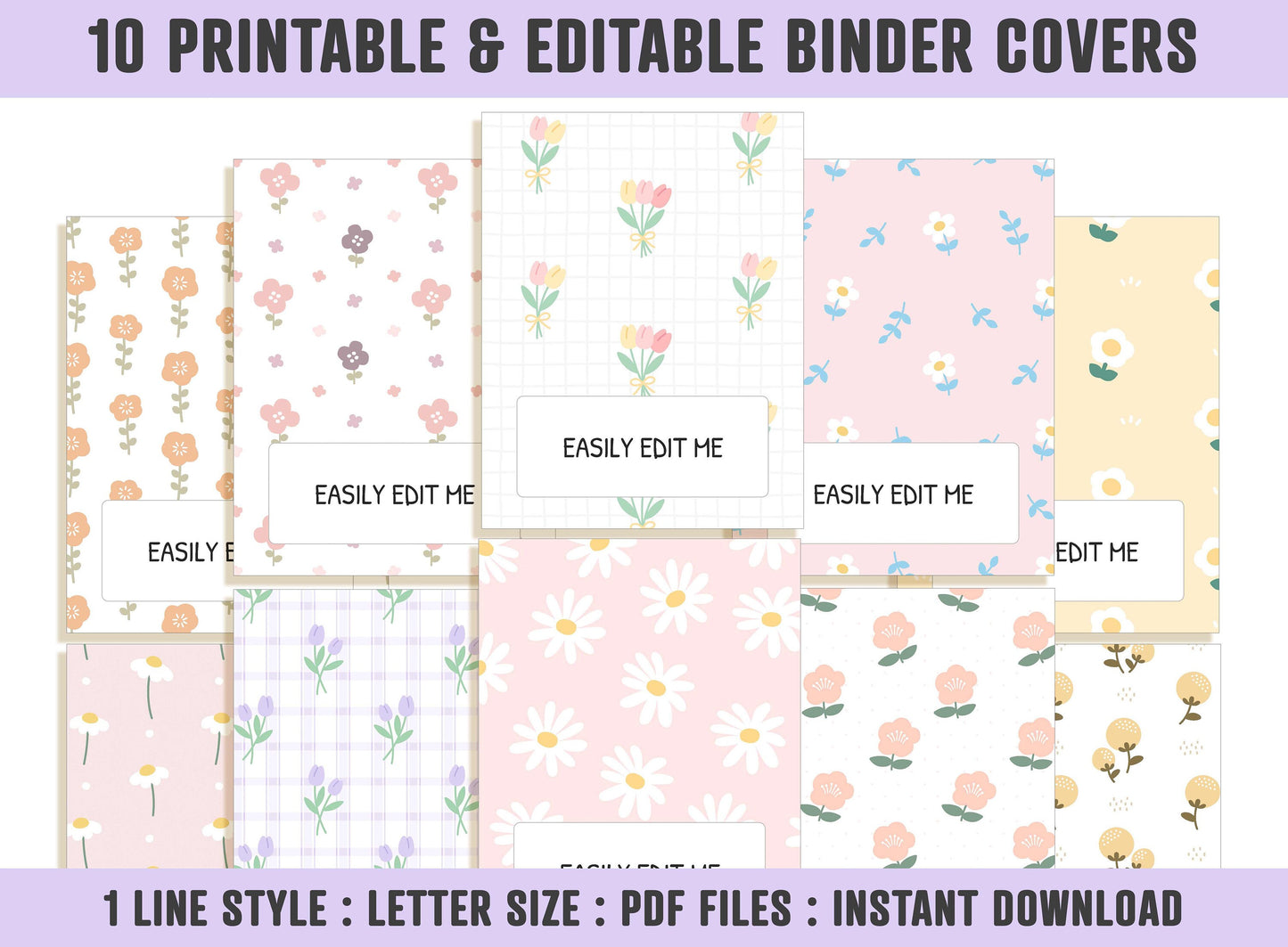 Flower Binder Cover, 10 Covers+Spines, Binder Cover Printable, Editable, Teacher/School Binder Cover, Planner Cover, Binder Inserts, Floral