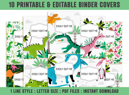 Dinosaur Binder Cover, 10 Printable & Editable Covers+Spines, Binder Inserts, Planner Cover, Teacher, Kids, Boys, Girls School Binder, PDF