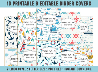 Ocean Binder Cover, 10 Printable/Editable Covers+Spines, Planner Cover Teacher/School Binder Insert/Template, Anchor, Sea, Ship Wheel Cruise