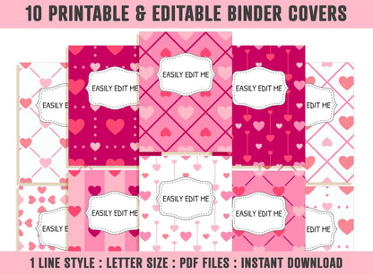Binder Cover Pink, 10 Printable & Editable Binder Covers+Spines, Binder Insert, Planner/Notebook Cover, Teacher/School, Love/Heart/Valentine