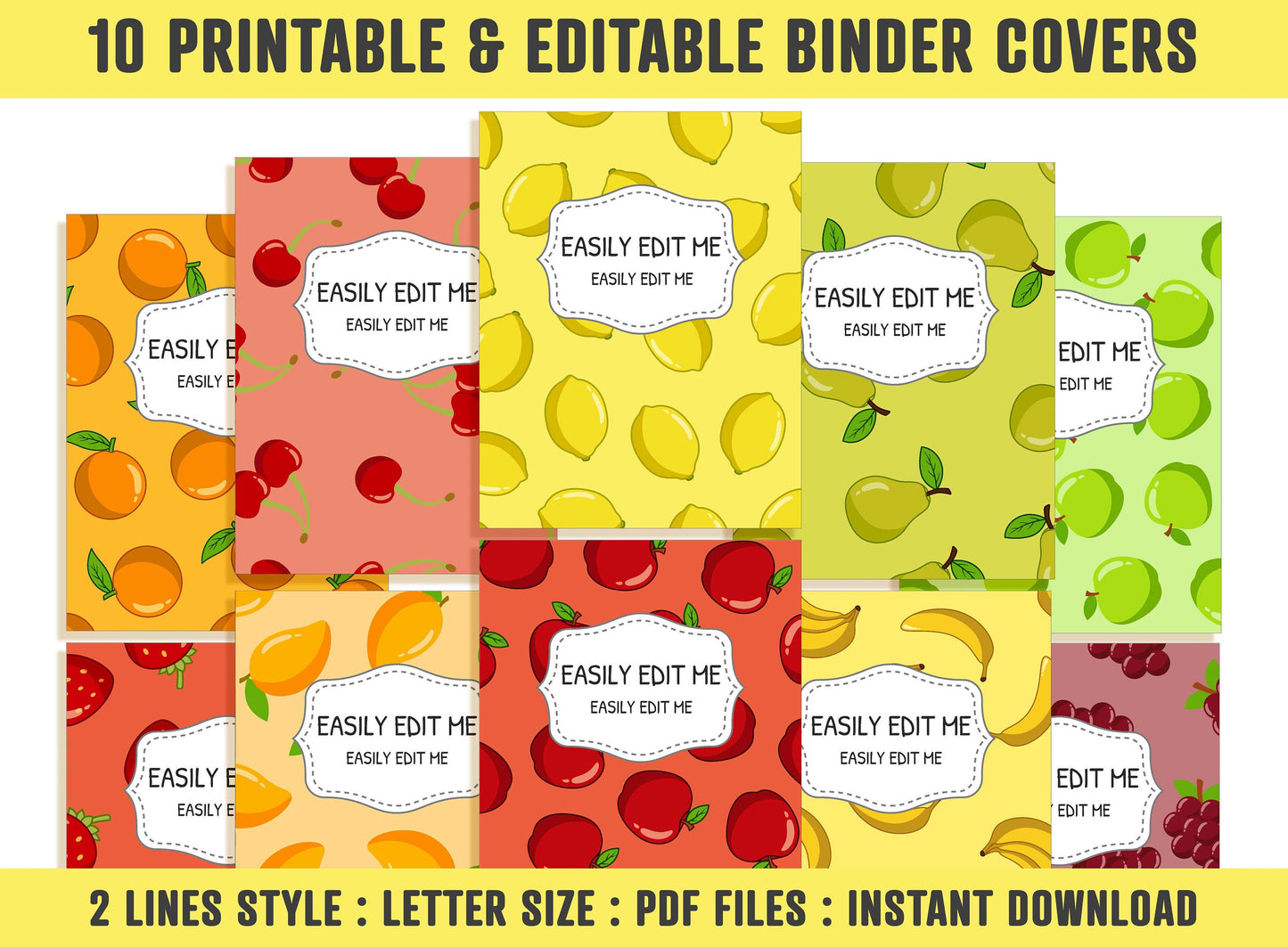 Binder Cover Printable Editable, 10 Covers+Spines, Binder Inserts, Planner Cover, Teacher/School Binder Cover, Printable Binder Cover, Fruit