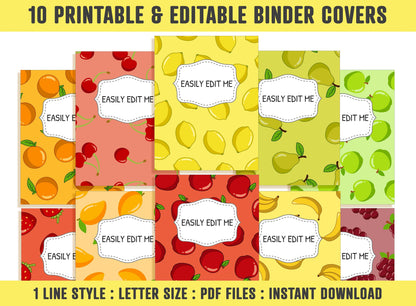 Binder Cover Printable Editable, 10 Covers+Spines, Binder Inserts, Planner Cover, Teacher/School Binder Cover, Printable Binder Cover, Fruit