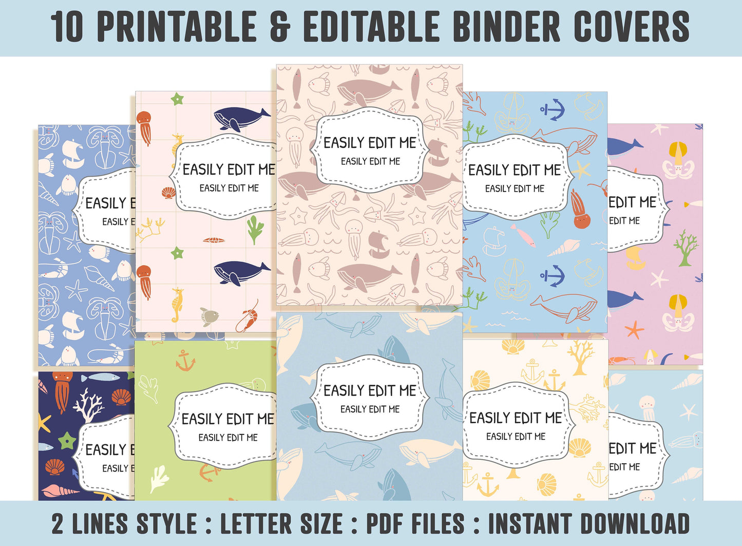 Binder Cover Animal, 10 Printable/Editable Covers+Spines, Binder Inserts, Planner Cover, Teacher/School Binder, Binder Template, Sea Animals
