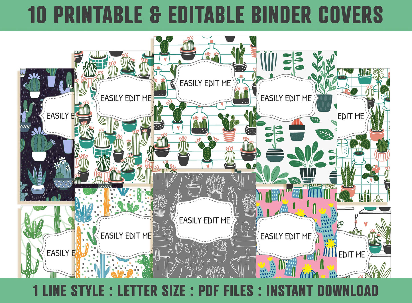 Cactus Binder Cover, 10 Printable/Editable Covers+Spines, Binder Insert, Planner Cover, Teacher/School Binder Cover, Printable Binder Cover