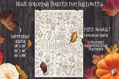 Halloween Poster, Huge Printable Coloring Poster, Giant Kids Coloring Pages, Halloween Activity Ideas, Free 5 Coloring Pages+3 Placemats