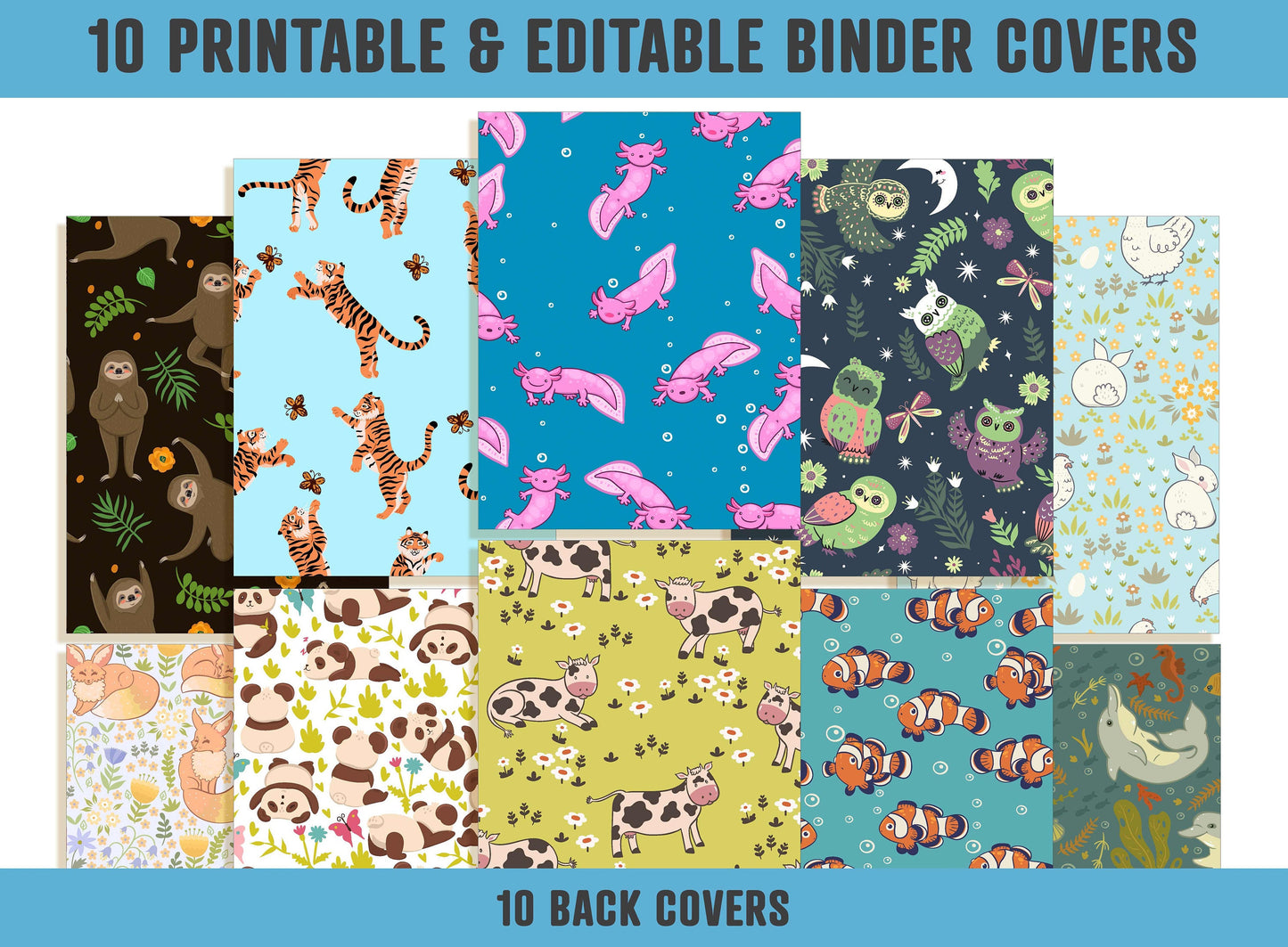 Animal Binder Cover, 10 Printable & Editable Covers+Spines, Binder Insert, Planner Cover, Teacher/School Binder Template Axolotl Panda Tiger