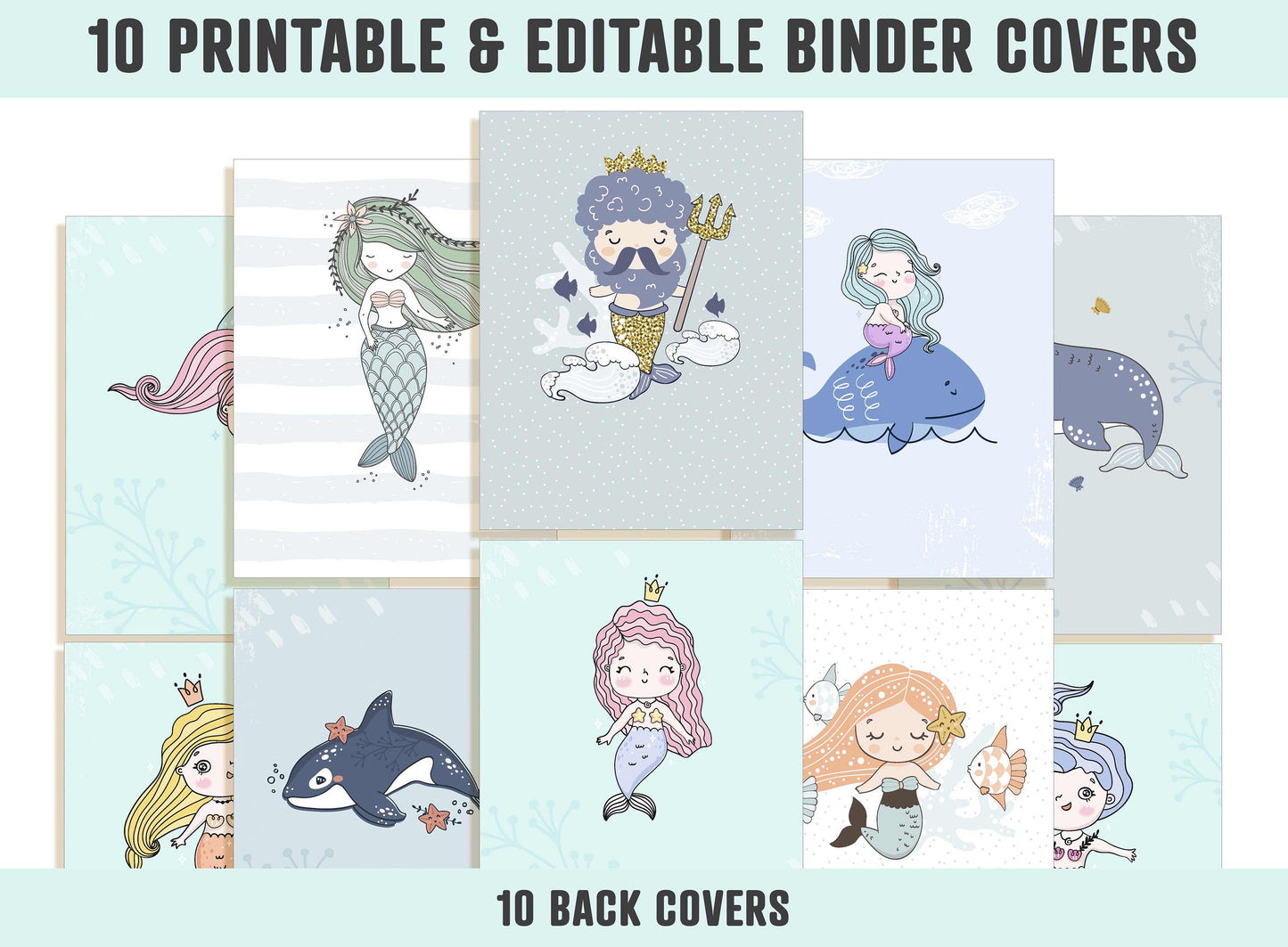 Mermaid Binder Cover, 10 Printable & Editable Covers+Spines, Binder Insert, Planner Cover, Teacher/School Binder Template, Sea Animal, Whale