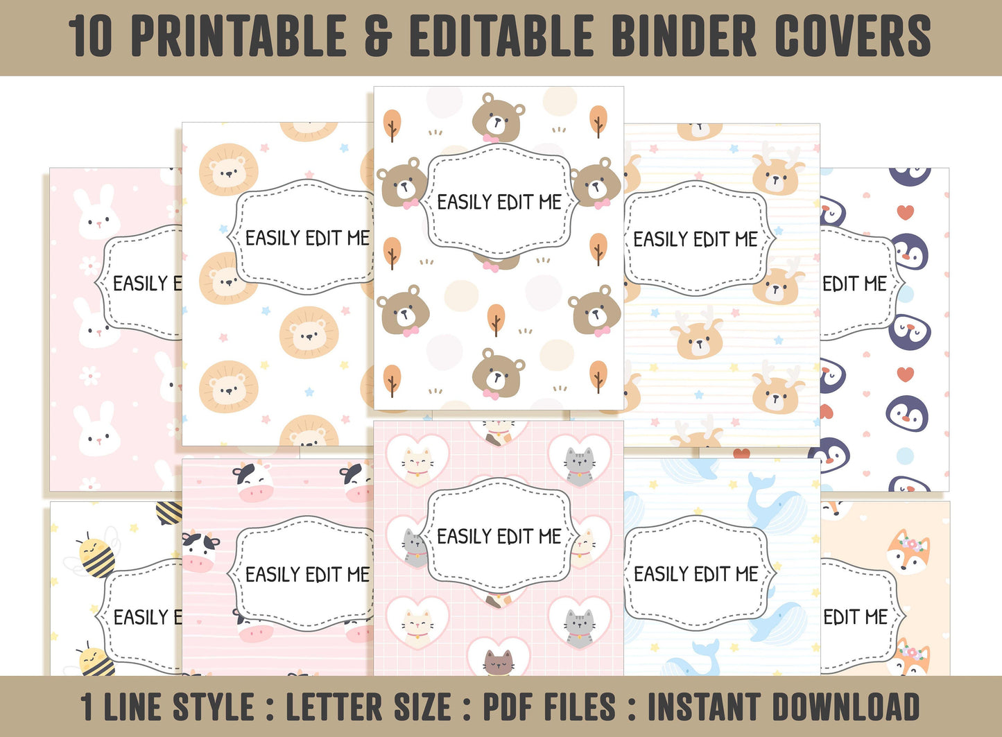 Binder Cover Animal, 10 Printable & Editable Binder Covers and Spines, Binder Insert, Planner Cover, Teacher Binder, School Binder Cover PDF