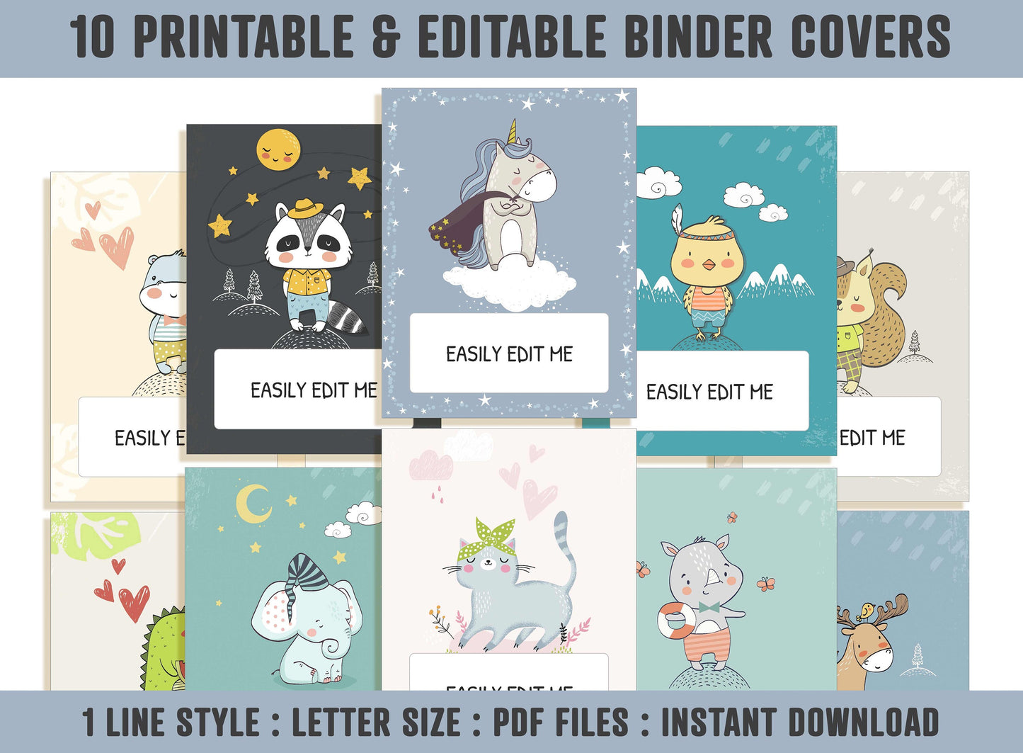 Animal Binder Cover, 10 Printable/Editable Covers+Spines, Binder Insert, Planner Cover, Teacher Binder, School Binder Cover Template, PDF