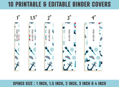 Ocean Binder Cover, 10 Printable/Editable Covers+Spines, Planner Cover Teacher/School Binder Insert/Template, Anchor, Sea, Ship Wheel Cruise