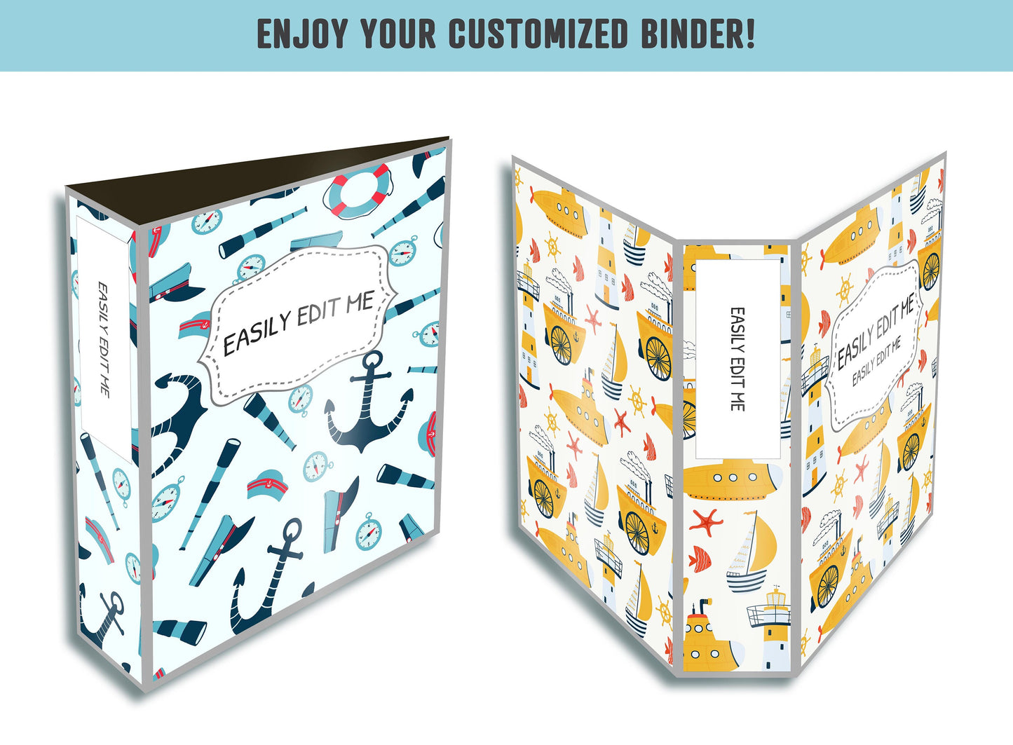 Ocean Binder Cover, 10 Printable/Editable Covers+Spines, Planner Cover Teacher/School Binder Insert/Template, Anchor, Sea, Ship Wheel Cruise