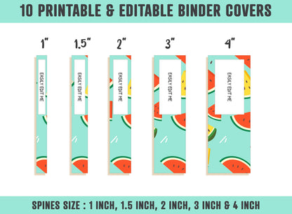 Food Binder Cover, 10 Printable/Editable Covers+Spines, Teacher/School Binder Template, Planner Cover Binder Insert Watermelon Lemon Orange